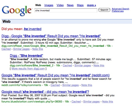 Google обычно возвращал поправку «Вы имели в виду: он изобрел» для поиска «она изобрела»