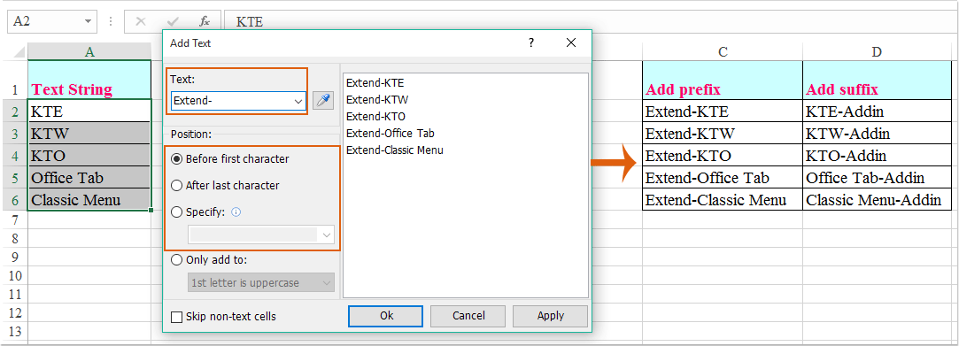 Kutools для добавления текста в Excel Эта функция может помочь вам быстро добавить текст в начало или конец содержимого ячейки, а также может вставлять определенный текст в любую позицию значения ячейки по мере необходимости